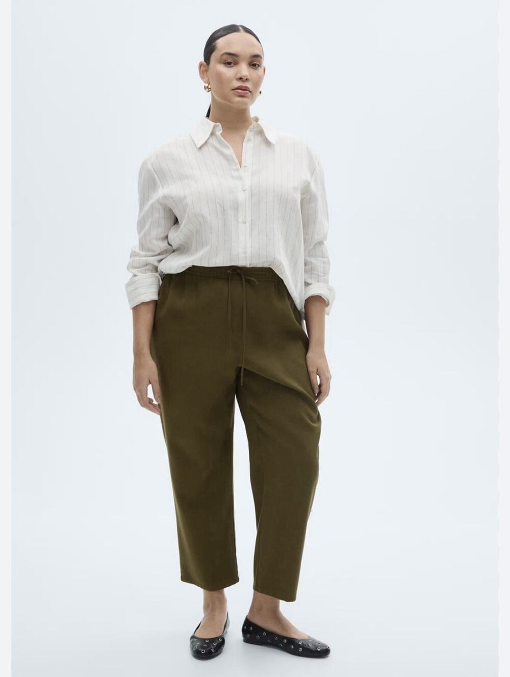 MANGO Drawstring Flowy Pants Womens Lg Olive Crop Trousers Pull-On Stretch Waist